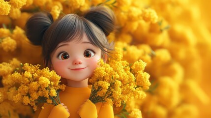 Cheerful young girl with flowers surrounded by vibrant yellow blooms