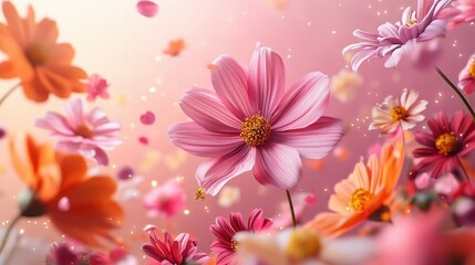 Vibrant pink and orange flowers in bloom with glowing background