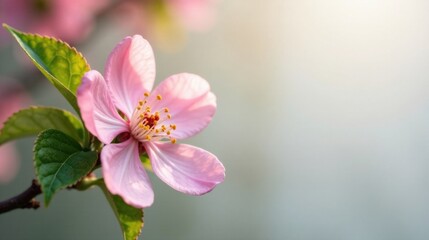 Fototapeta premium A Delicate Pink Blossom in Soft Sunlight, Gentle Petals Unfurling in Springtime