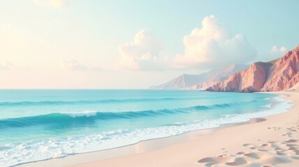 Obraz premium Serene Coastal Scene Gentle Waves Lap a Pristine Sandy Beach Under a Softly Lit Sky, Backdropped by Majestic Cliffs