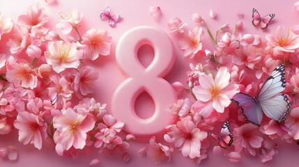 Pink number eight amid cherry blossoms and butterflies on a pink background