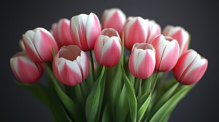 Close-up of fresh pink and white tulips with green leaves against dark background