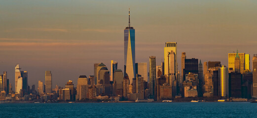 Lower Manhattan with Freedom Tower. World Trade Center over Hudson river. NY with World Trade Center tower.
