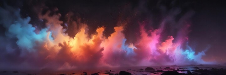 Glowing colored mist floating in the darkness, glowing phenomenon, colorful fog