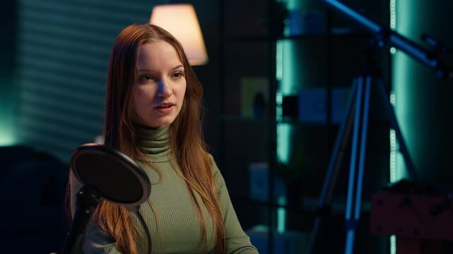 Social media star uses professional gear to capture welcoming intro for vlogging channel, interacting with online community. Influencer connects with loyal fanbase during live stream, camera A closeup