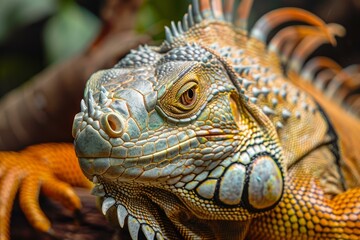 Fototapeta premium Orange and green iguana resting on a branch, showcasing its vibrant scales and relaxed posture