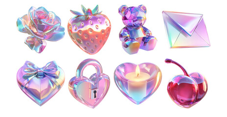 Abstract iridescent colored romantic valentines day icons. Holographic neon foil design elements