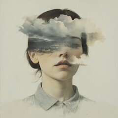 Dreamy Woman with Clouds and Landscape: A Surreal Portrait