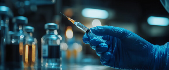 Hand in gloves holding a medical syringe. Injection and vaccination