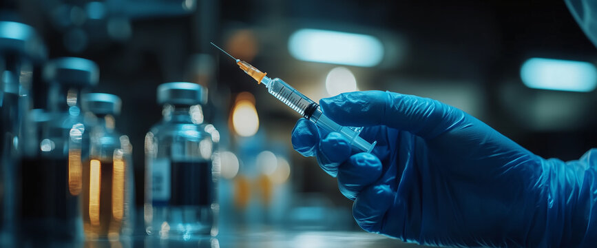 Hand in gloves holding a medical syringe. Injection and vaccination - Powered by Adobe