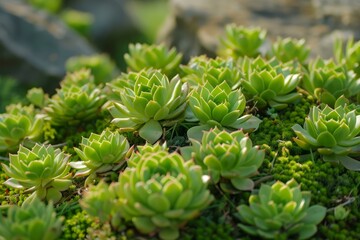 Fototapeta premium Vibrant green succulents thrive amongst moss and rocks, creating a tranquil garden scene