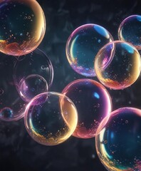 Naklejka premium Glowing soap bubbles float in a mesmerizing abstract background, dynamic movement, neon soap bubbles