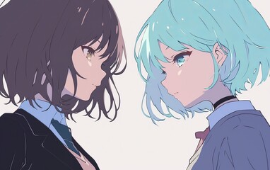 Two anime characters facing each other in profile. One with brown hair in a school uniform with a blazer on the left side, the other with light blue-green short hair in casual attire on the right.