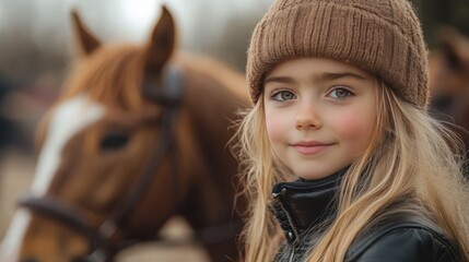 Fototapeta premium Portrait of a smiling girl with long blond hair wearing a brown knit hat and black leather jacket, with a brown horse in the background.