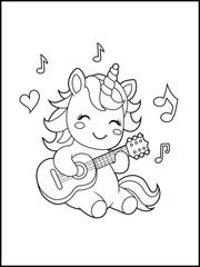 Printable Unicorn coloring page for kids. a cute unicorn playing guitar. Adorable unicorn cartoon characters for children's activity books.
