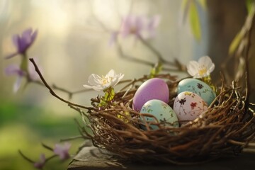 Obraz premium Decorated Easter eggs in a nest made of twigs and flowers,