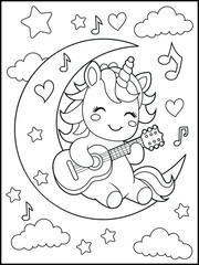 Printable Unicorn coloring page for kids. a cute unicorn playing guitar. Adorable unicorn cartoon characters for children's activity books.
