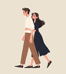 Young couple walking arm in arm, enjoying a romantic stroll together. The woman wears a navy blue dress, and the man is dressed in a white shirt and brown pants. Couple, relationship, love, and style.