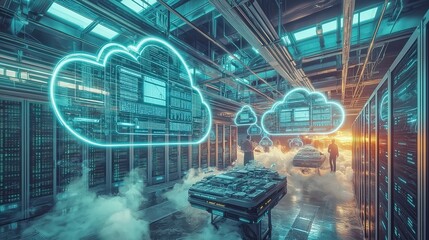 Data center cloud technology revolutionizing business operations server room digital art futuristic low angle virtualization concepts