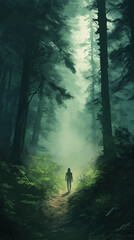 Fototapeta premium Person walking through a misty forest path 