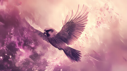 Obraz premium A fantasy image of a bearded iris falcon surrounded by muted glows and slight pink streaks; its background is pastel toned. Seapearl. Illustration