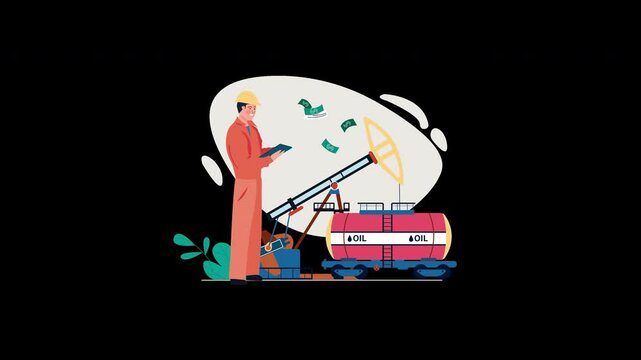 A cartoon oil worker in an orange jumpsuit checks data near an oil rig, surrounded by dollar bills symbolizing profits.