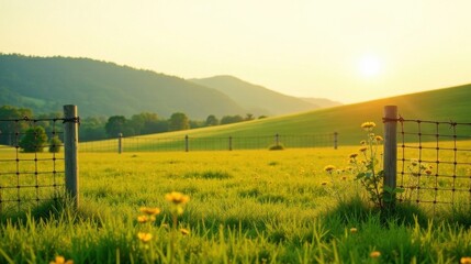 Fototapeta premium Serene Sunset over a Verdant Meadow, Encased by a Rustic Wire Fence, Gentle Rolling Hills in the Background