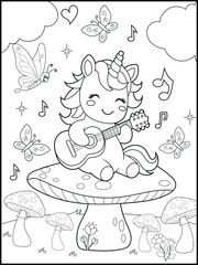 Printable Unicorn coloring page for kids. a cute unicorn playing guitar. Adorable unicorn cartoon characters for children's activity books.
