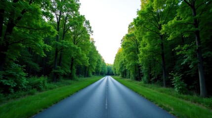 Fototapeta premium Asphalt Pathway Through Lush Green Canopy, A Serene Drive Down a Tree-Lined Road