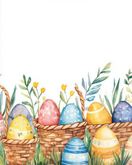 Watercolor poster with easter eggs and baskets, easter holiday concept