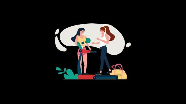 Two women exercising together with fitness equipment in a colorful 2D animation.