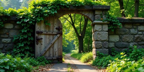 Rustic Wooden Gate Ajar Revealing a Sunlit Path Through a Lush Green Canopy in a Secluded Stone Walled Garden