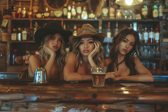 vintage saloon scene, three stunning women admiring their reflections in the mirror of an old west saloon