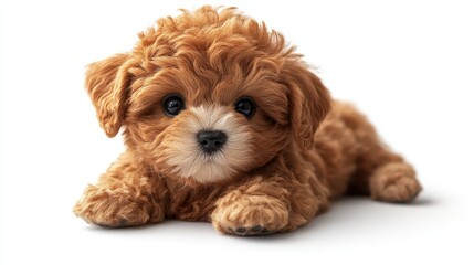 Fluffy brown puppy with big eyes resting on white background