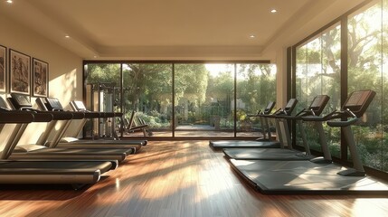 Modern gym interior with treadmills and large windows overlooking a garden.