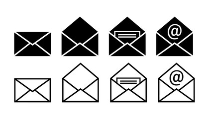 Collection of vector black envelope icons. Closed, open, with letter and email symbol. White background.