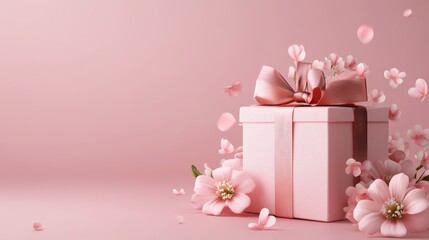 Elegant pink gift box with bow and cherry blossoms on soft pink background