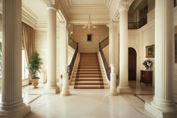 architectural detail of classical stone pillars and grand staircase