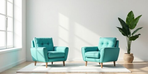 Serene living room interior featuring two teal armchairs and a tropical plant