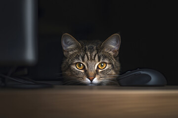 "Curious Cat Peeking from Behind Computer Mouse"