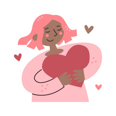 Black woman holds heart. Self acceptance and care. Mental health and inner peace, self love, harmony and embracing identity concept.