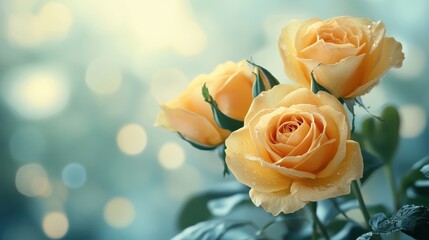 Three yellow roses with dew in soft focus garden setting