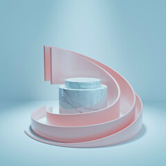 3D Multi-tiered platform with white circular top, white marble base, centered in curved light-pink framework. Smooth, abstract design, soft color palette, minimalist background.