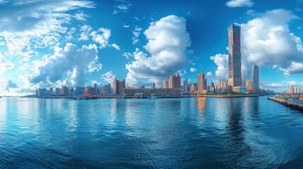 Naklejka premium Panoramic cityscape with modern skyscrapers and blue sky reflections on water
