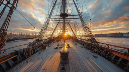 Obraz premium Historic sailing ship at sunrise with dramatic sky and calm waters