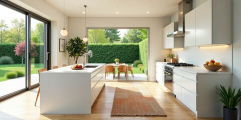 Modern kitchen island and dining area with garden view, showcasing minimalist design and natural light