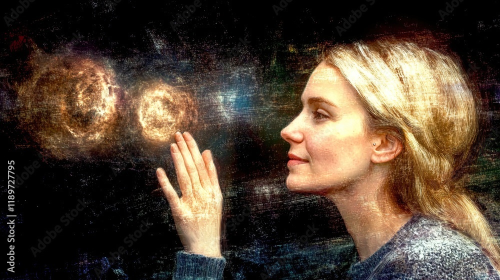 Leinwandbilder exploring the depths of quantum consciousness through mindful reflection in an ethereal setting