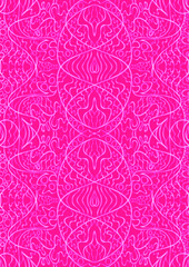 Hand-drawn abstract seamless ornament. Neon pink (plastic pink) background and glowing pattern on it. Cloth texture. Digital artwork, A4. (pattern: p02-2d)