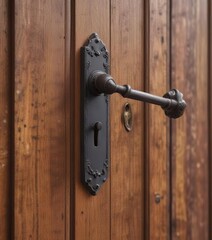Obraz premium Iron door handle on wooden door with a keyhole , entrance, door handle