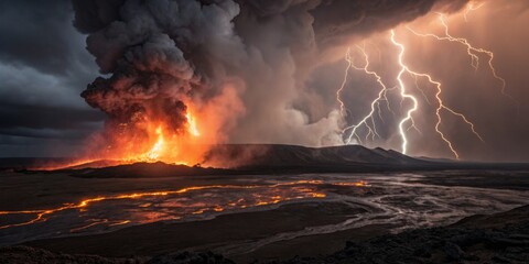 Volcanic eruption illuminated by lightning at twilight near a lava flow creating a dramatic landscape